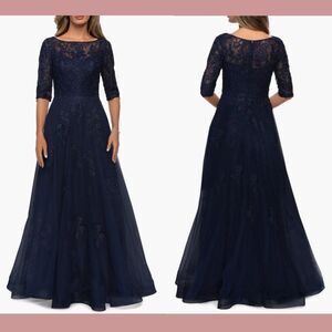 NWT‎ $619 La Femme [ 14 ] Floral Lace & Tulle A Line Gown 27922 in Navy #J565